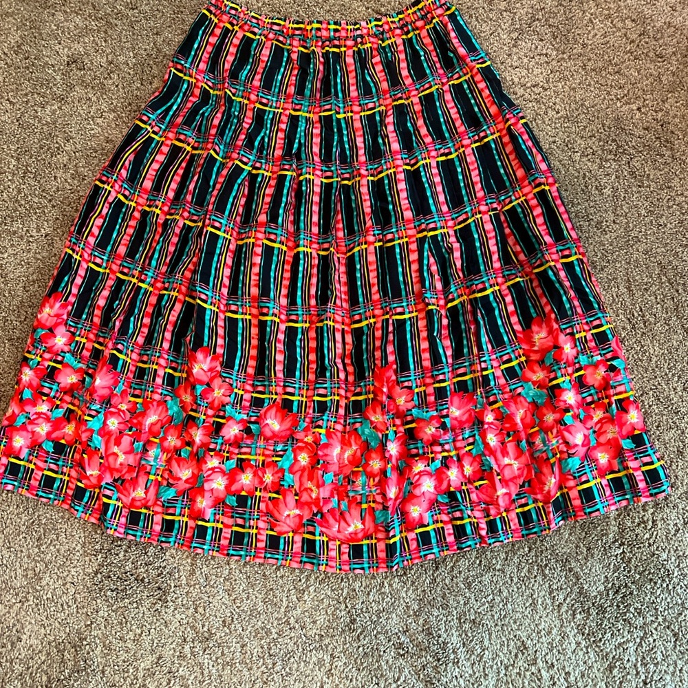 Evan Picone Multicolor Plaid and Floral A-Line Skirt